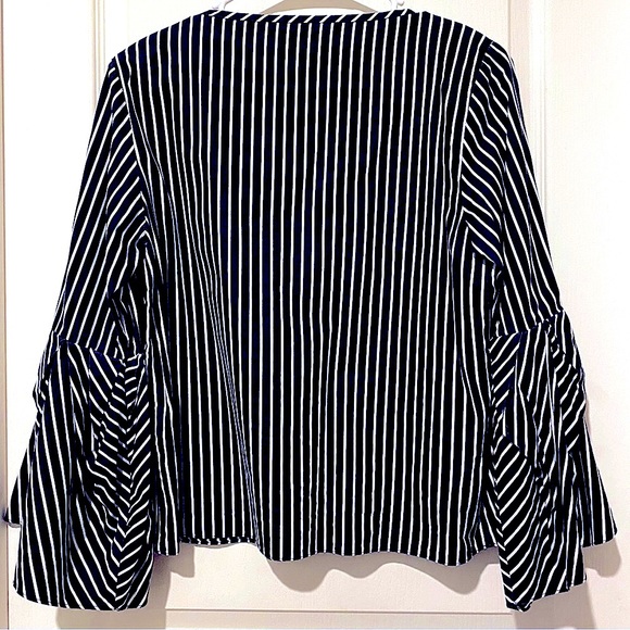 Zara Woman Navy and White Stripe with 3/4 Pleated and Tucked Bell Sleeves - Picture 5 of 6